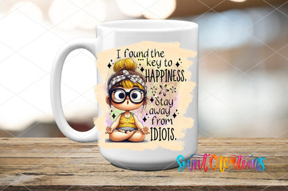 Swiit Creations UV DTF I Found the Secret to Happiness transfer applied to a white ceramic mug