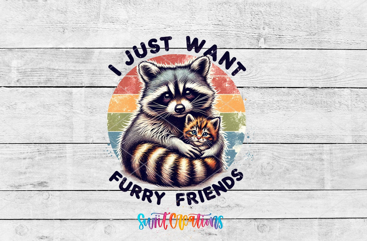 I Just Want Furry Friends UV DTF transfer shown as a full artwork preview from Swiit Creations