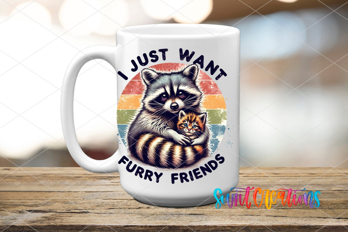 I Just Want Furry Friends UV DTF transfer displayed on a white ceramic mug from Swiit Creations