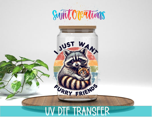I Just Want Furry Friends UV DTF transfer displayed on a clear jar mockup from Swiit Creations
