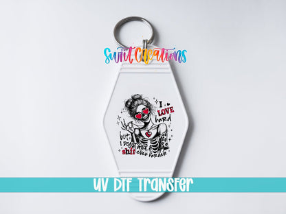 I Love Hard Motel Keychain UV DTF Transfer | Sassy Skeleton Love Design | MK1919 - Swiit Creations