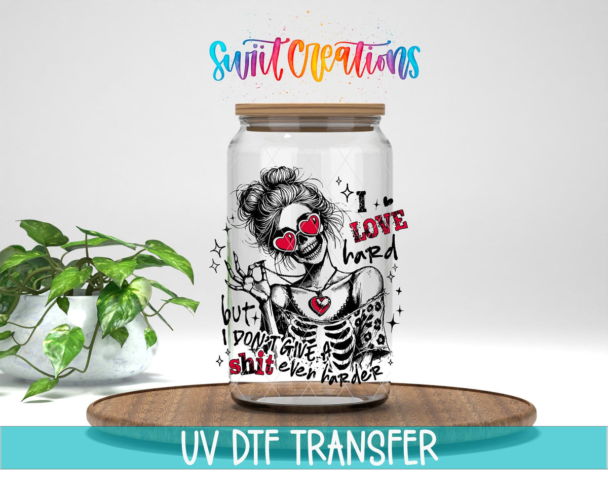 I Love Hard UV DTF transfer displayed on a clear jar mockup from Swiit Creations
