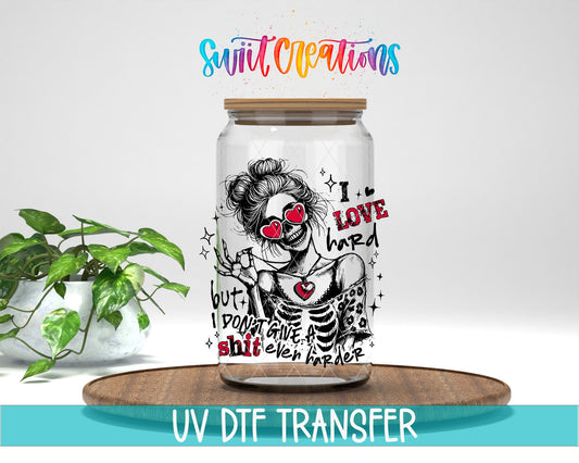 I Love Hard UV DTF transfer displayed on a clear jar mockup from Swiit Creations