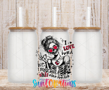 I Love Hard UV DTF transfer applied to a clear glass can set from Swiit Creations