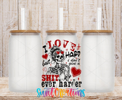 I Love Hard UV DTF transfer applied to a clear glass can set from Swiit Creations