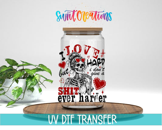I Love Hard UV DTF transfer displayed on a clear jar mockup from Swiit Creations