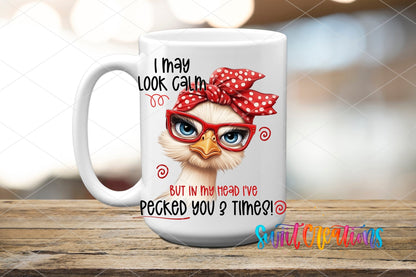 I May Look Calm Funny Ostrich UV DTF transfer displayed on a white ceramic mug from Swiit Creations
