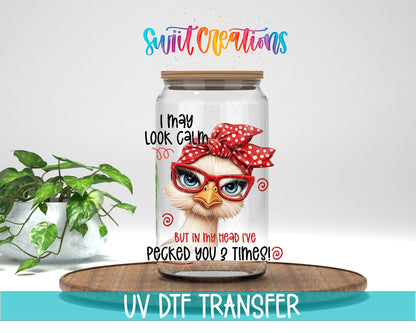 I May Look Calm Funny Ostrich UV DTF transfer displayed on a clear jar mockup from Swiit Creations
