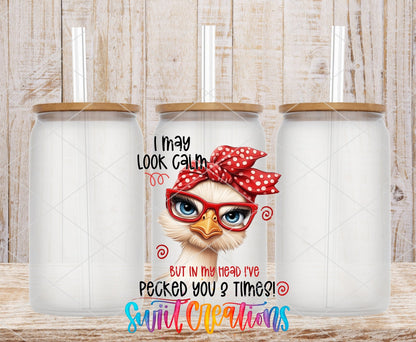 I May Look Calm Funny Ostrich UV DTF transfer applied to a clear glass can set from Swiit Creations
