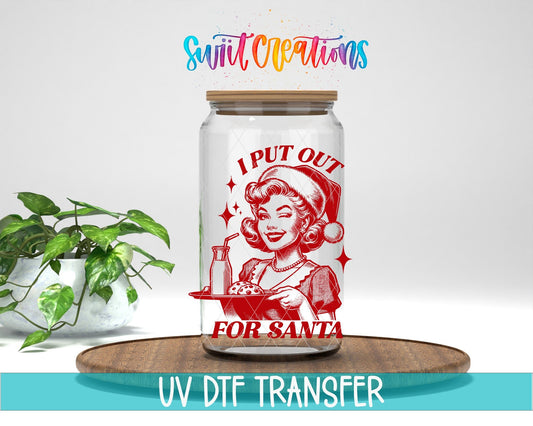 Swiit Creations UV DTF I Put Out For Santa Christmas transfer displayed on a clear jar mockup