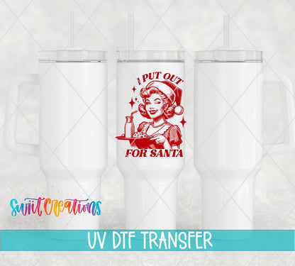 Swiit Creations UV DTF I Put Out For Santa Christmas transfer shown on a white tumbler set