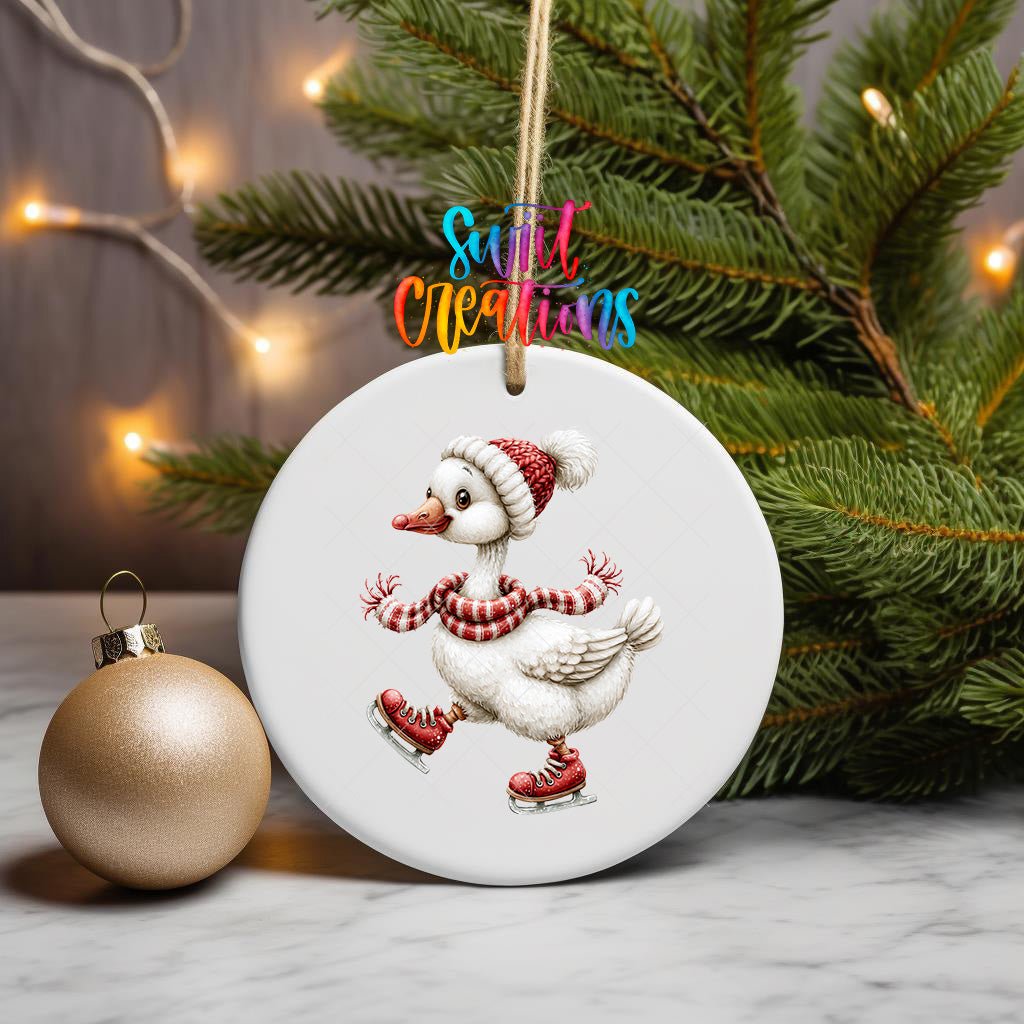 Ice Skating Goose Ornament UV DTF Transfer | White Goose in Red Skates Scarf and Knit Hat | O-2257 - Swiit Creations
