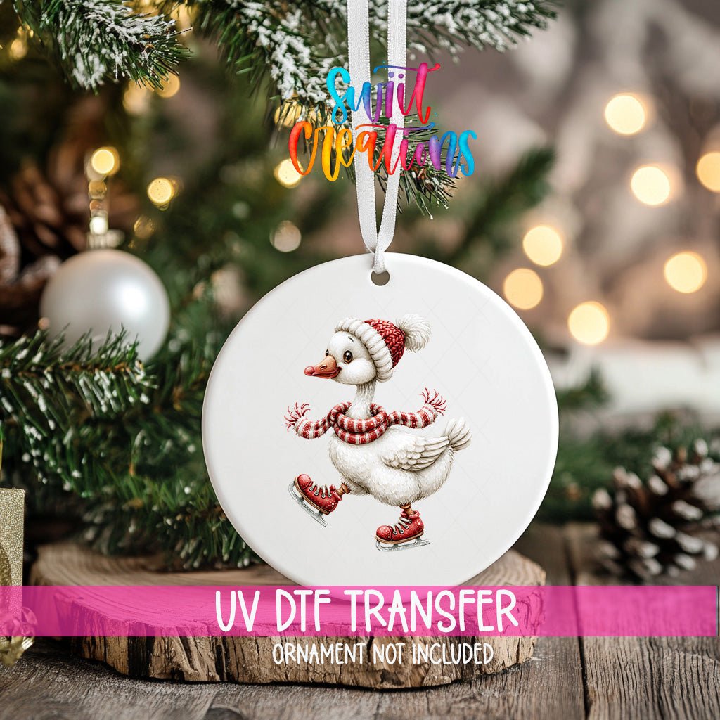 Ice Skating Goose Ornament UV DTF Transfer | White Goose in Red Skates Scarf and Knit Hat | O-2257 - Swiit Creations