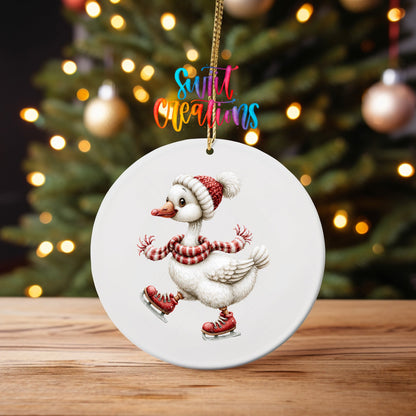 Ice Skating Goose Ornament UV DTF Transfer | White Goose in Red Skates Scarf and Knit Hat | O-2257 - Swiit Creations