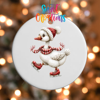 Ice Skating Goose Ornament UV DTF Transfer | White Goose in Red Skates Scarf and Knit Hat | O-2257 - Swiit Creations