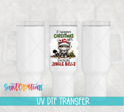 Swiit Creations UV DTF Christmas Spirit Jingle Bells Cat transfer shown on a white tumbler set