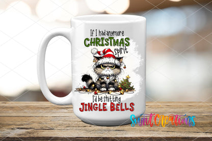 Swiit Creations UV DTF Christmas Spirit Jingle Bells Cat transfer applied to a white ceramic mug