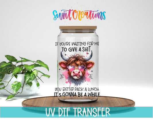 Swiit Creations UV DTF Waiting for Me To Give a Shit transfer displayed on a clear jar mockup