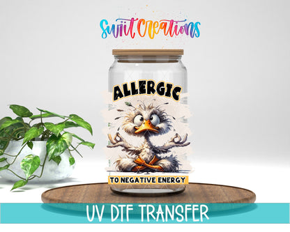 Swiit Creations UV DTF I'm Allergic To Negative Energy transfer displayed on a clear jar mockup