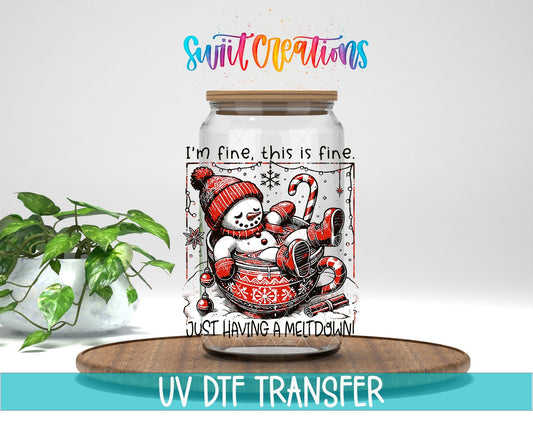 Swiit Creations UV DTF Snowman Having a Meltdown transfer displayed on a clear jar mockup