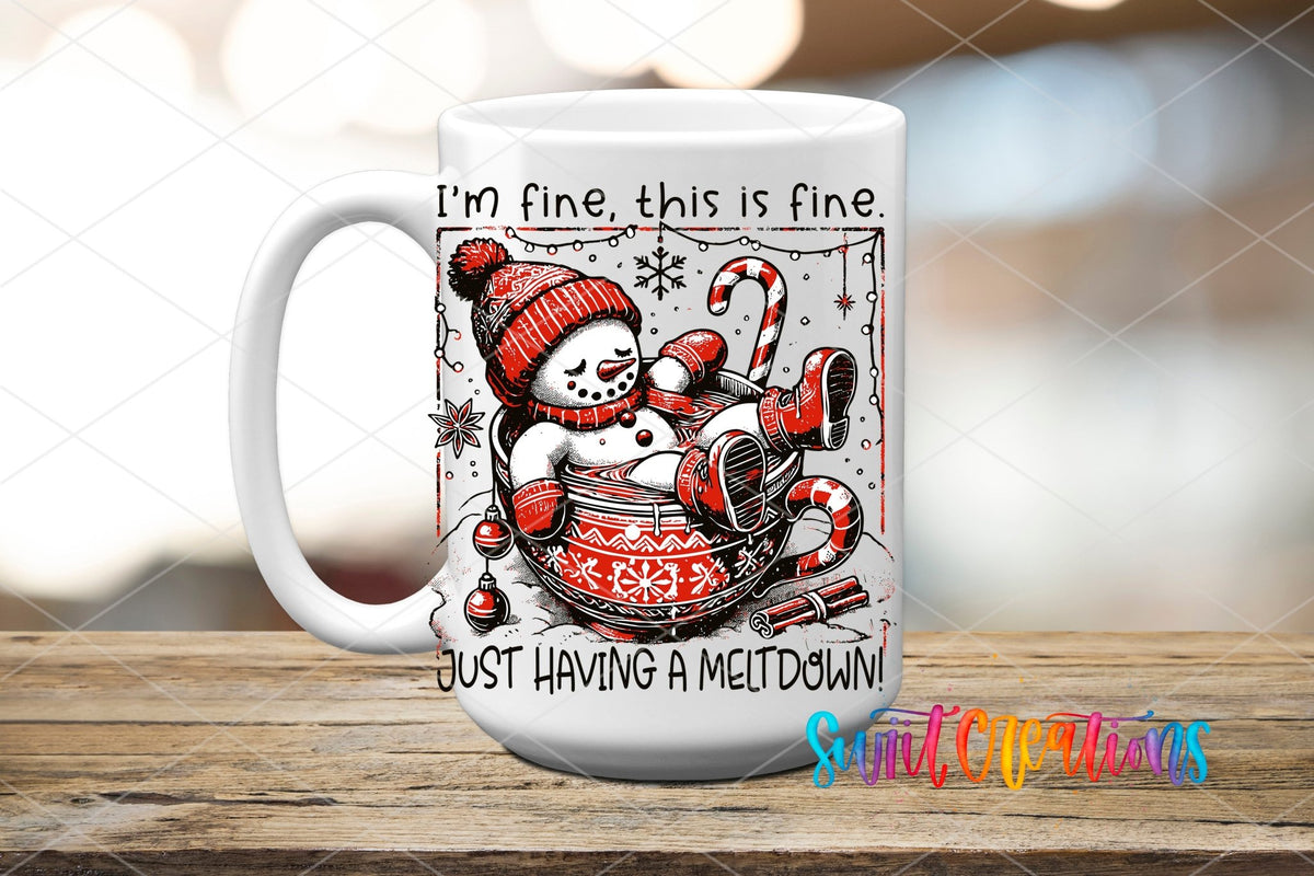 Swiit Creations UV DTF Snowman Having a Meltdown transfer applied to a white ceramic mug