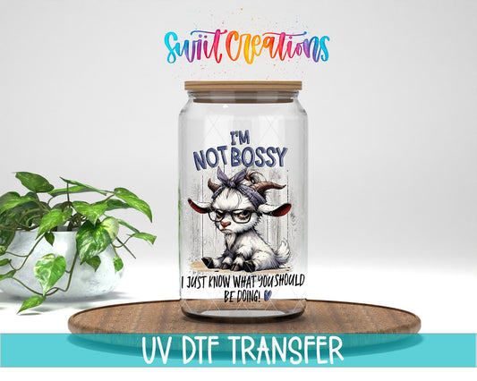 Swiit Creations UV DTF I’m Not Bossy transfer displayed on a clear jar mockup