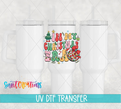 Swiit Creations UV DTF In My Christmas Era Disco Ball transfer shown on a white tumbler set