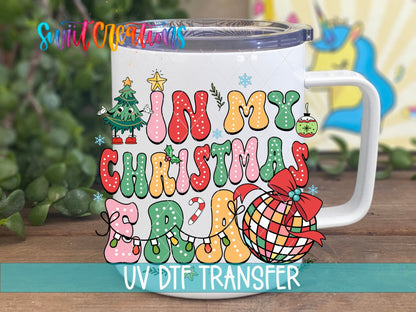 Swiit Creations UV DTF In My Christmas Era Disco Ball transfer displayed on a white coffee mug