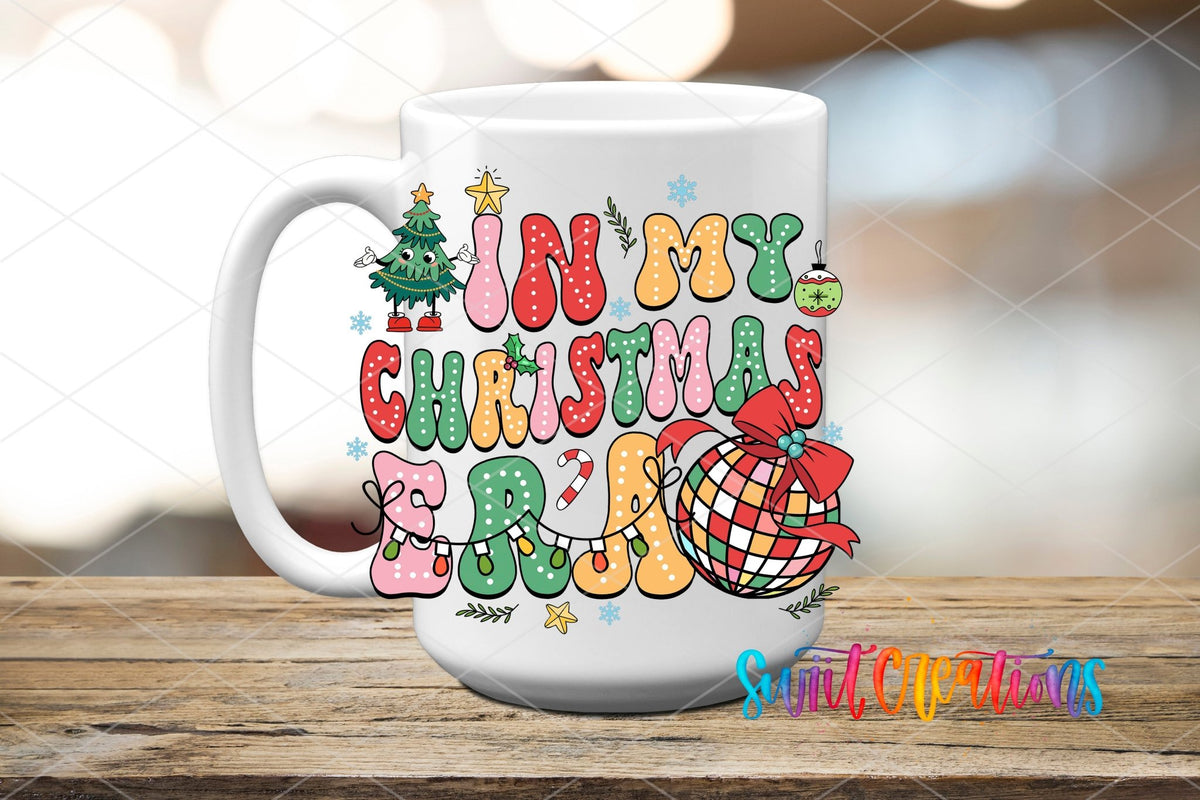 Swiit Creations UV DTF In My Christmas Era Disco Ball transfer applied to a white ceramic mug