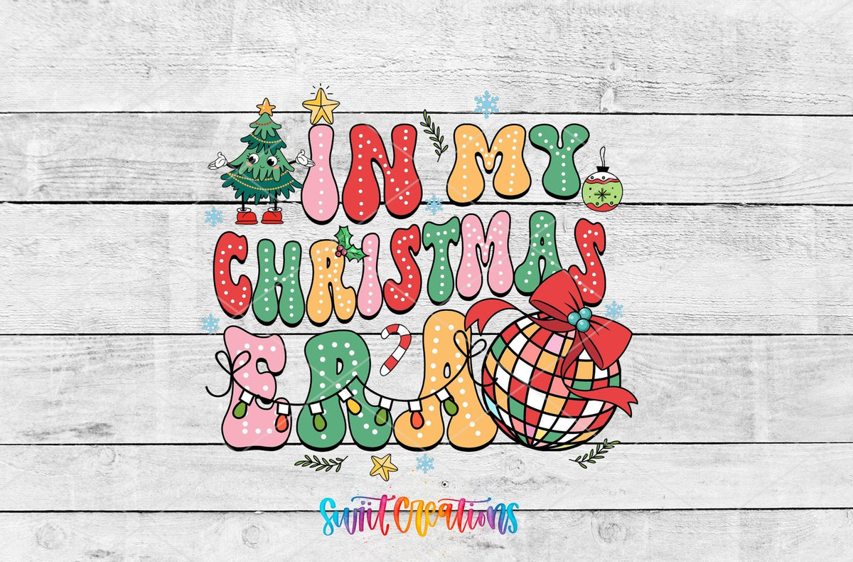 Swiit Creations UV DTF In My Christmas Era Disco Ball transfer shown as the full artwork preview