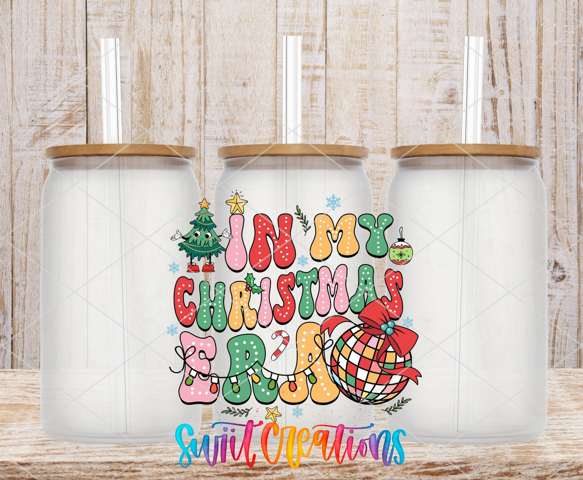 Swiit Creations UV DTF In My Christmas Era Disco Ball transfer shown on a clear glass can set