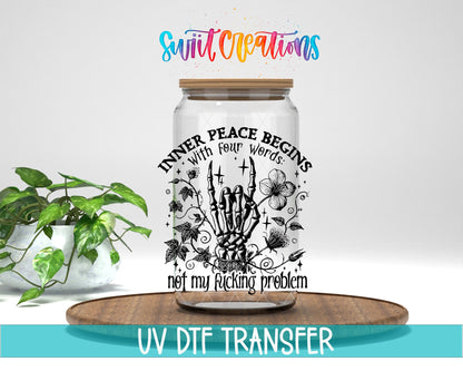 Inner Peace Begins With Four Words UV DTF transfer displayed on a clear jar mockup from Swiit Creations