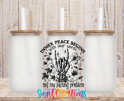 Inner Peace Begins With Four Words UV DTF transfer applied to a clear glass can set from Swiit Creations