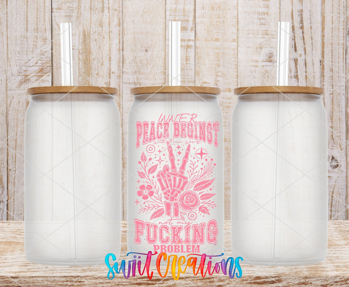 Inner Peace Begins With Four Words UV DTF transfer applied to a clear glass can set from Swiit Creations