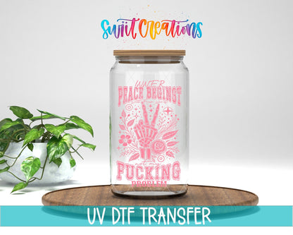 Inner Peace Begins With Four Words UV DTF transfer displayed on a clear jar mockup from Swiit Creations