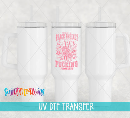 Inner Peace Begins With Four Words UV DTF transfer applied to a white tumbler set from Swiit Creations