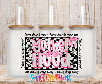Inspirational Motherhood UV DTF transfer applied to a clear glass can set from Swiit Creations
