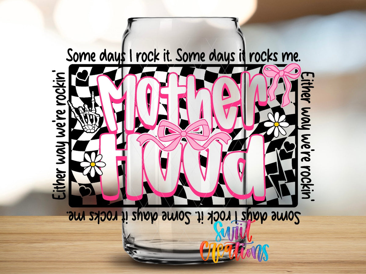 Inspirational Motherhood UV DTF transfer applied to a clear glass can from Swiit Creations