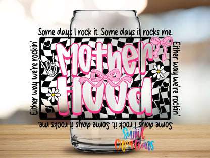 Inspirational Motherhood UV DTF transfer applied to a clear glass can from Swiit Creations
