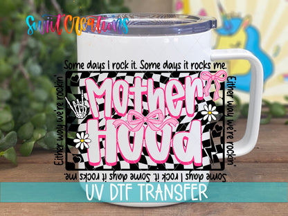 Inspirational Motherhood UV DTF transfer displayed on a white coffee mug from Swiit Creations