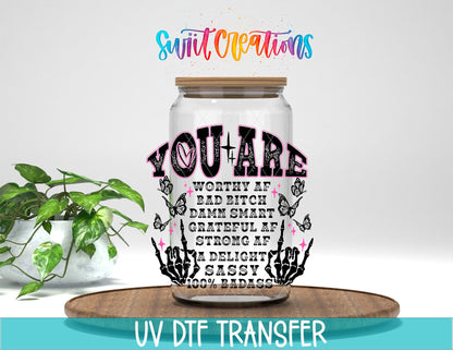 Inspirational You Are a Badass UV DTF transfer displayed on a clear jar mockup from Swiit Creations