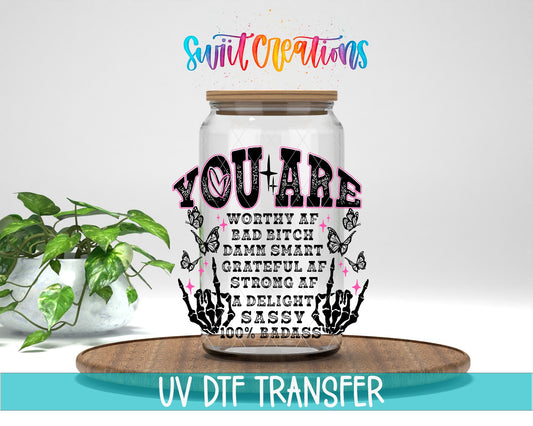 Inspirational You Are a Badass UV DTF transfer displayed on a clear jar mockup from Swiit Creations