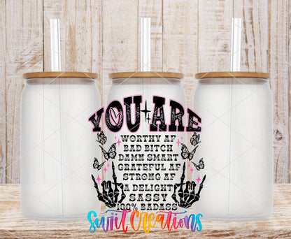 Inspirational You Are a Badass UV DTF transfer applied to a clear glass can set from Swiit Creations