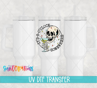 Swiit Creations UV DTF It's 5 o'clock Somewhere transfer shown on a white tumbler set