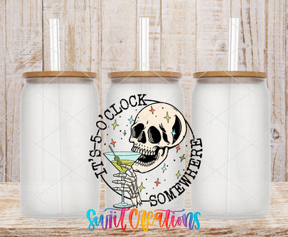 Swiit Creations UV DTF It's 5 o'clock Somewhere transfer shown on a clear glass can set