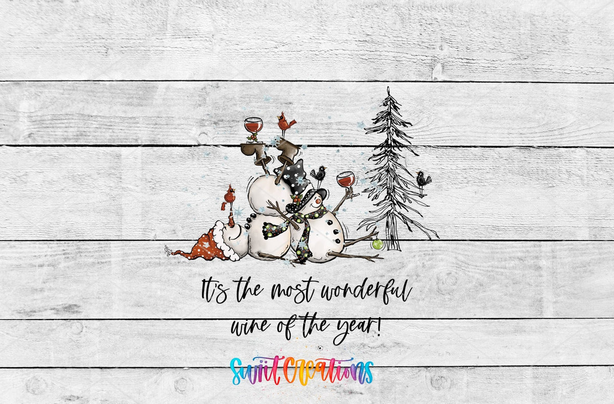 Swiit Creations UV DTF Wonderful Wine of the Year Snowman transfer shown as the full artwork preview
