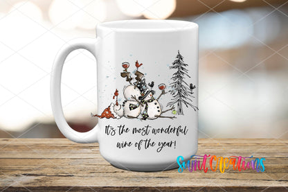 Swiit Creations UV DTF Wonderful Wine of the Year Snowman transfer applied to a white ceramic mug