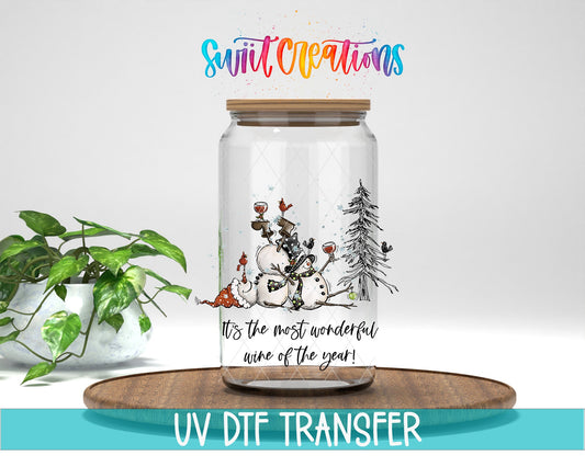 Swiit Creations UV DTF Wonderful Wine of the Year Snowman transfer displayed on a clear jar mockup