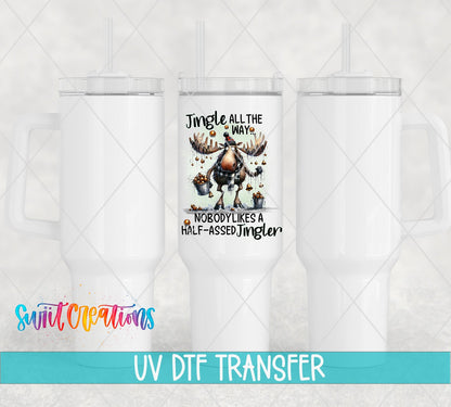 Swiit Creations UV DTF Jingle All The Way Moose Christmas transfer shown on a white tumbler set