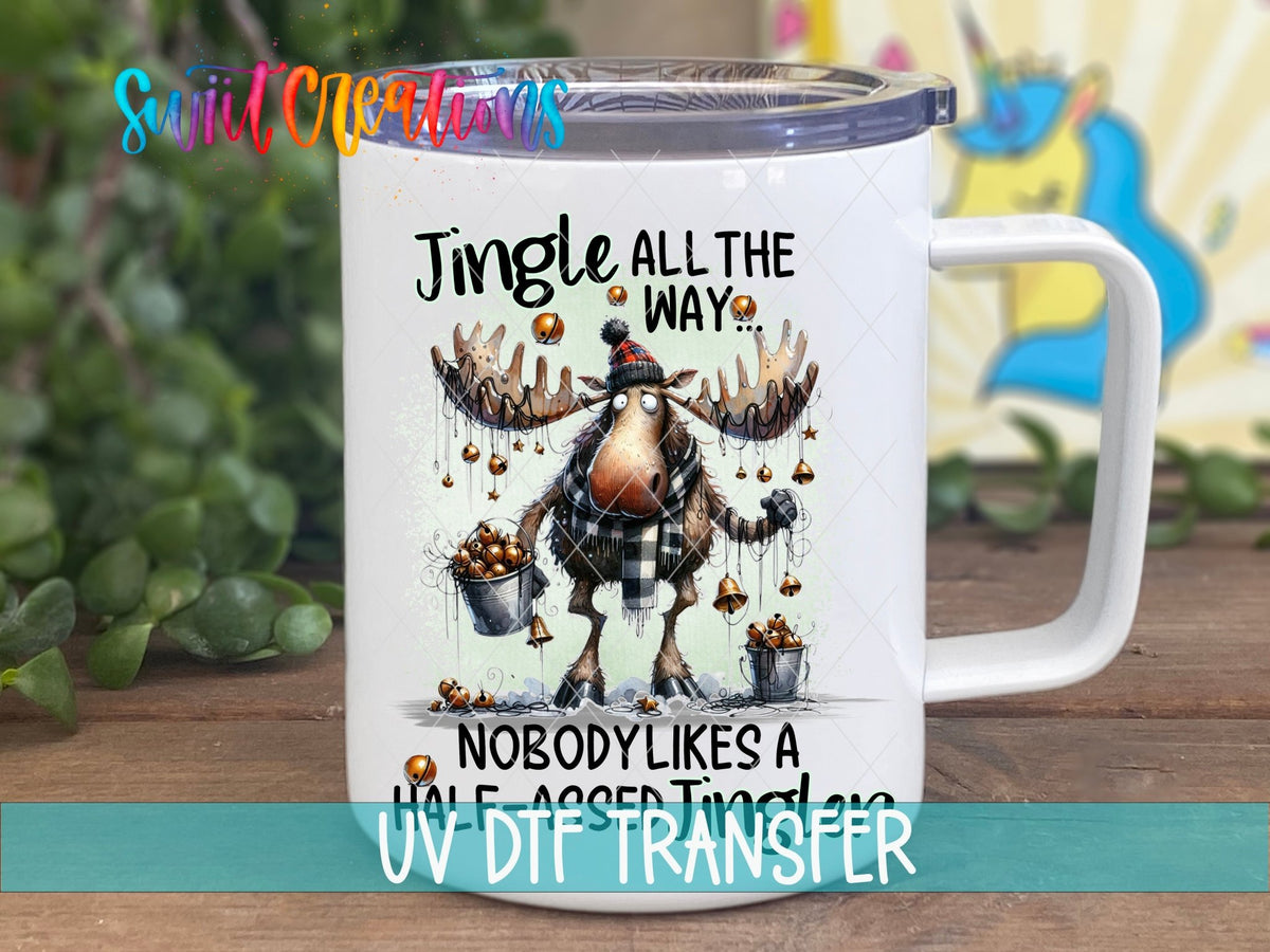 Swiit Creations UV DTF Jingle All The Way Moose Christmas transfer displayed on a white coffee mug